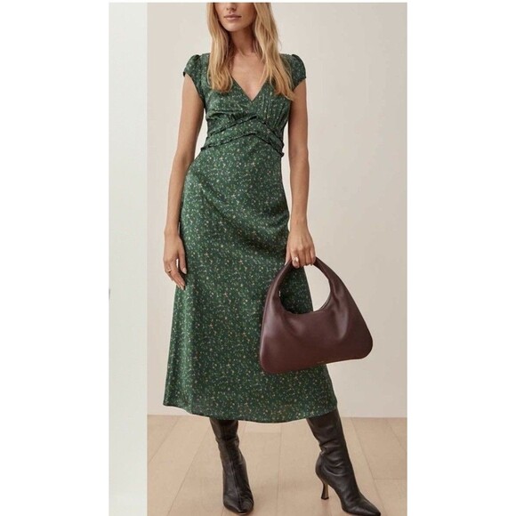 Reformation Kaye Silk Dress Women’s Size 8 Coriander Green Floral Seen On Tv - Picture 11 of 12